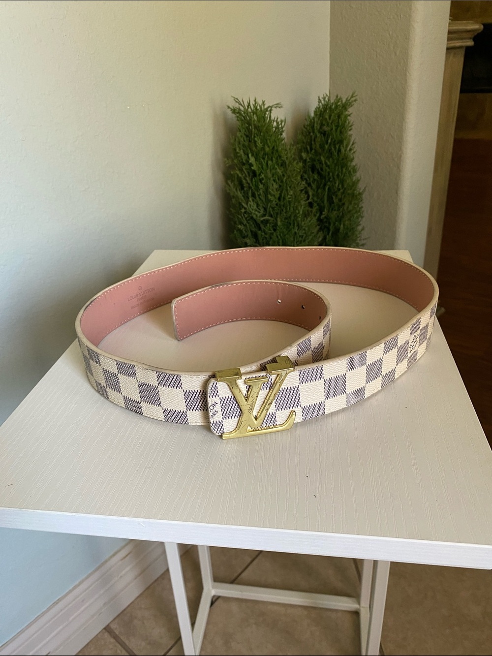 Louis Vuitton Damier Azur Belt with Pink Interior and Gold LV Buckle